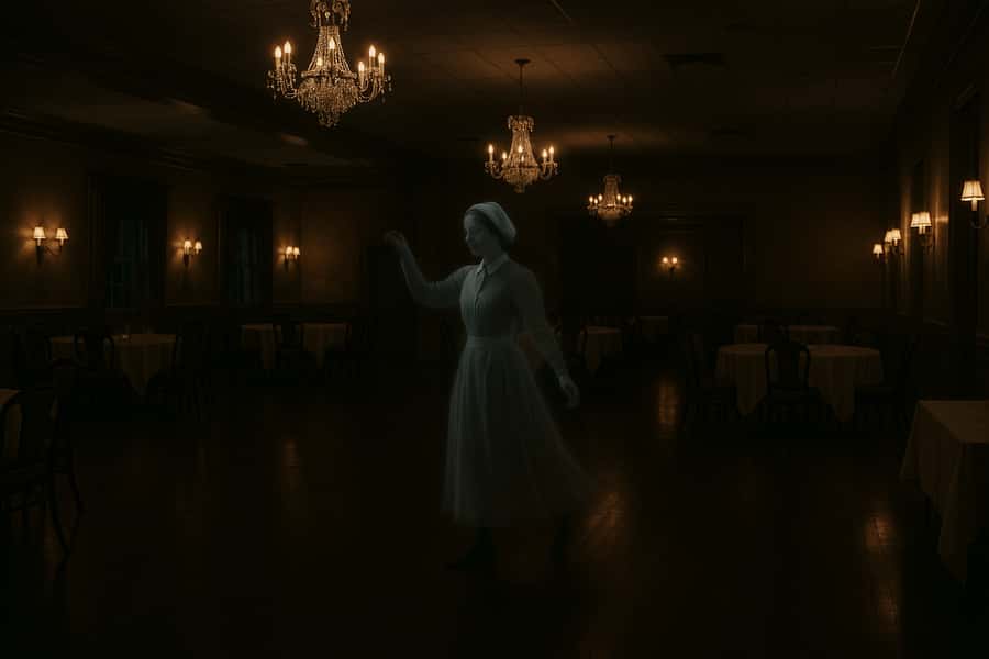 An illustration showing ghost of a woman often seen dancing in the Ballroom