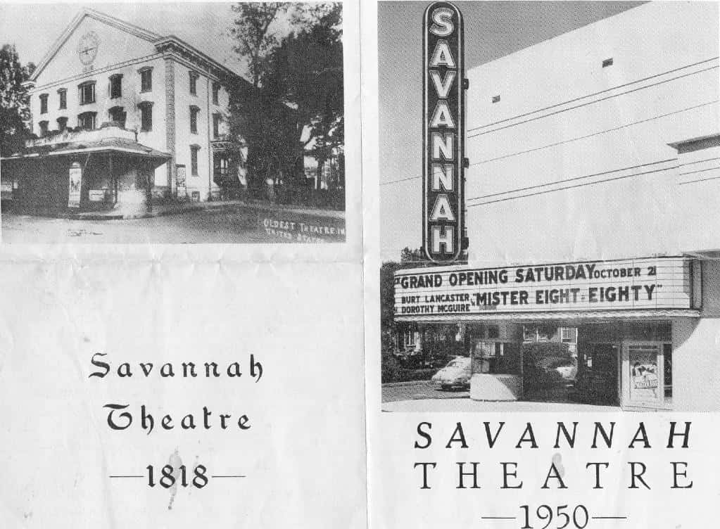 A photo of two photographs of the Savannah Theatre, one from 1818 and another from 1950, located in Historic District of Savannah Georgia.