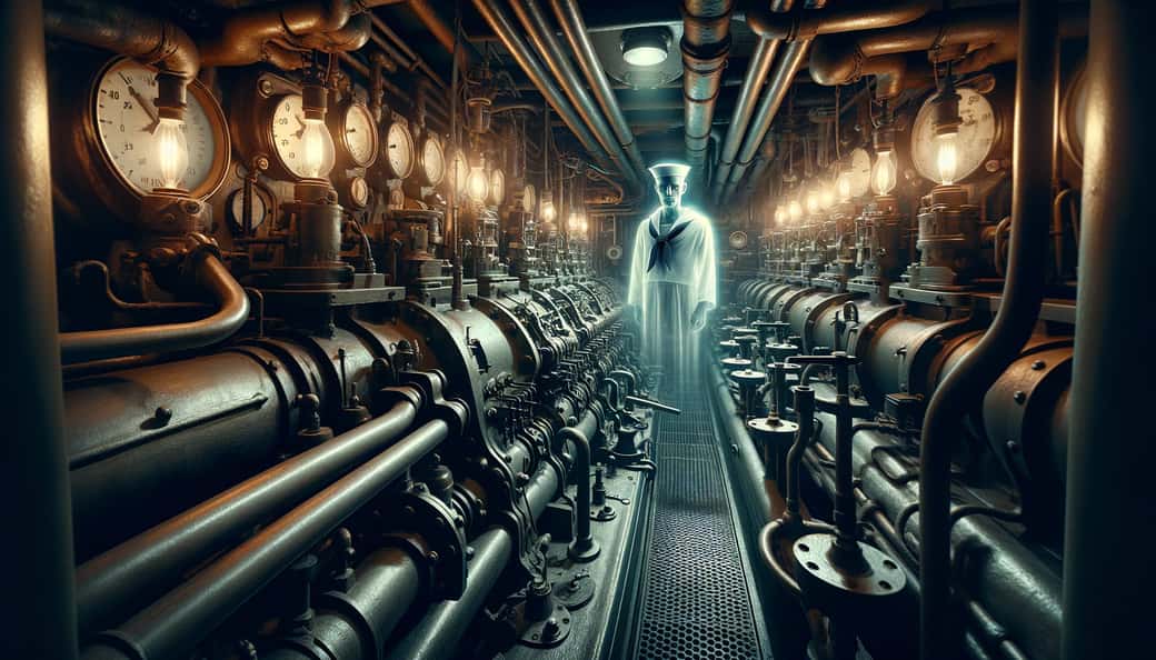 The Ghost of a Sailor in the Engine Room of the Queen Mary Ship in Los Angeles