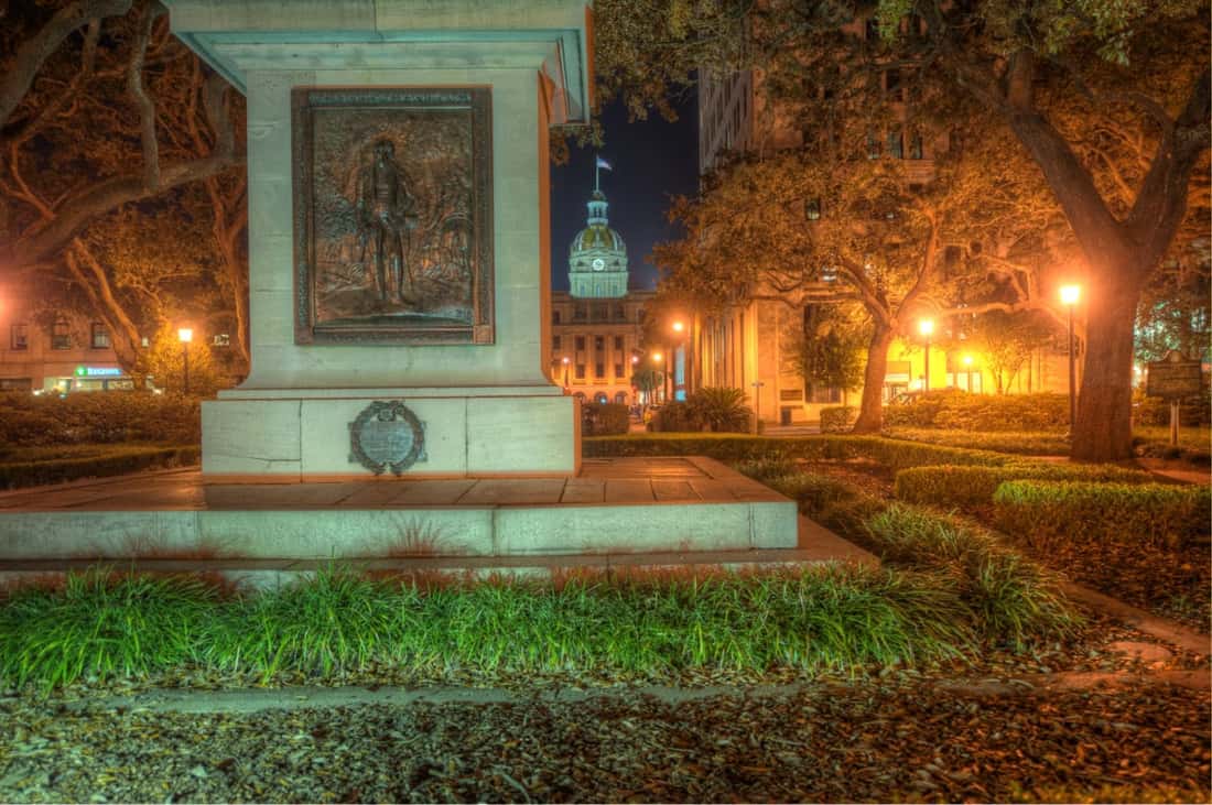 A photo of Nathanael Greene and the Ghoulish Ongoings at Johnson Square in Savannah Georgia, Ghost City Tours.