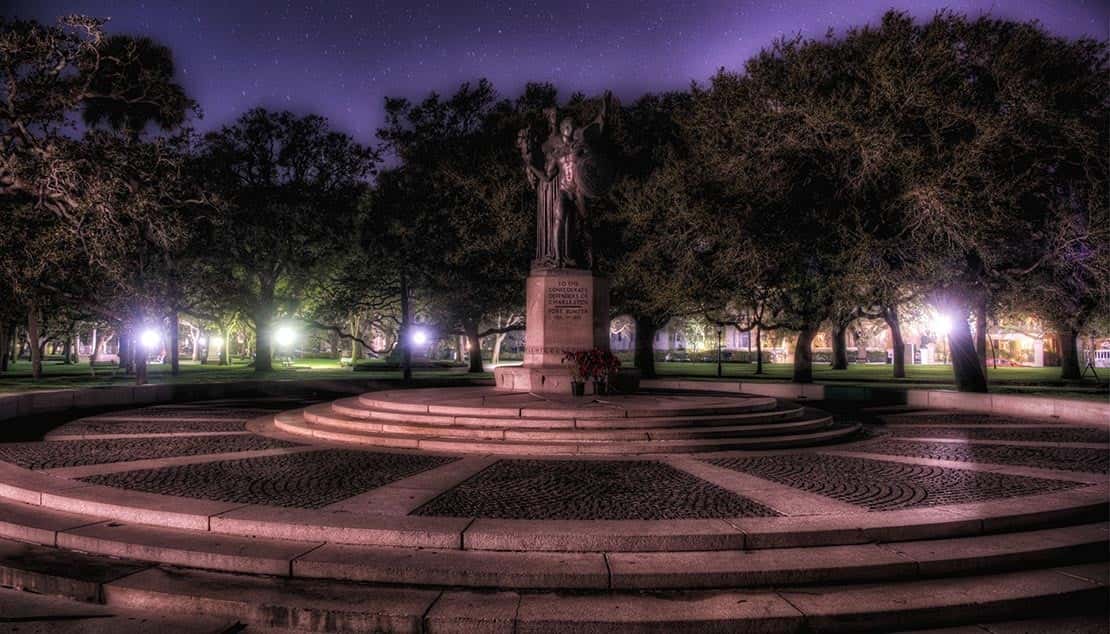 White Point Garden at night, one of the most haunted places in Charleston, South Carolina.