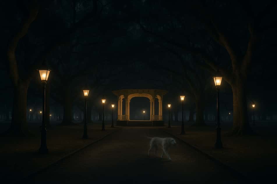 Jardín White Point at night, one of the most haunted places in Charleston, South Carolina.