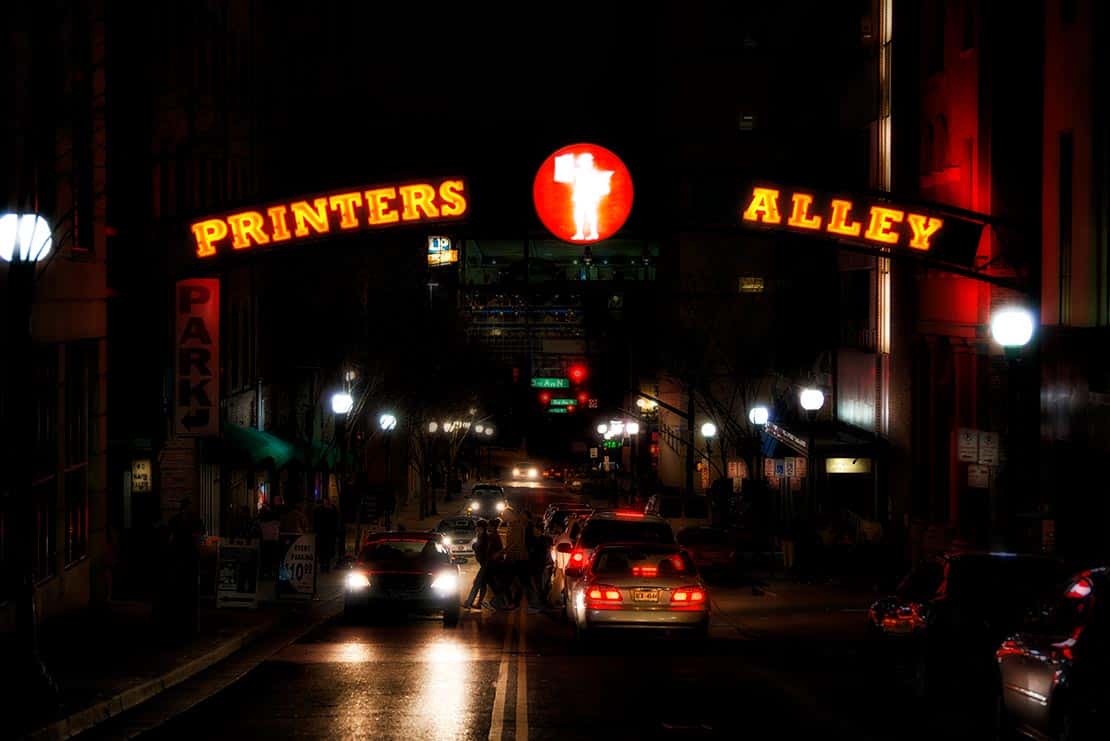 Printer's Alley, one of the most haunted places in Nashville on our Pub Crawls.