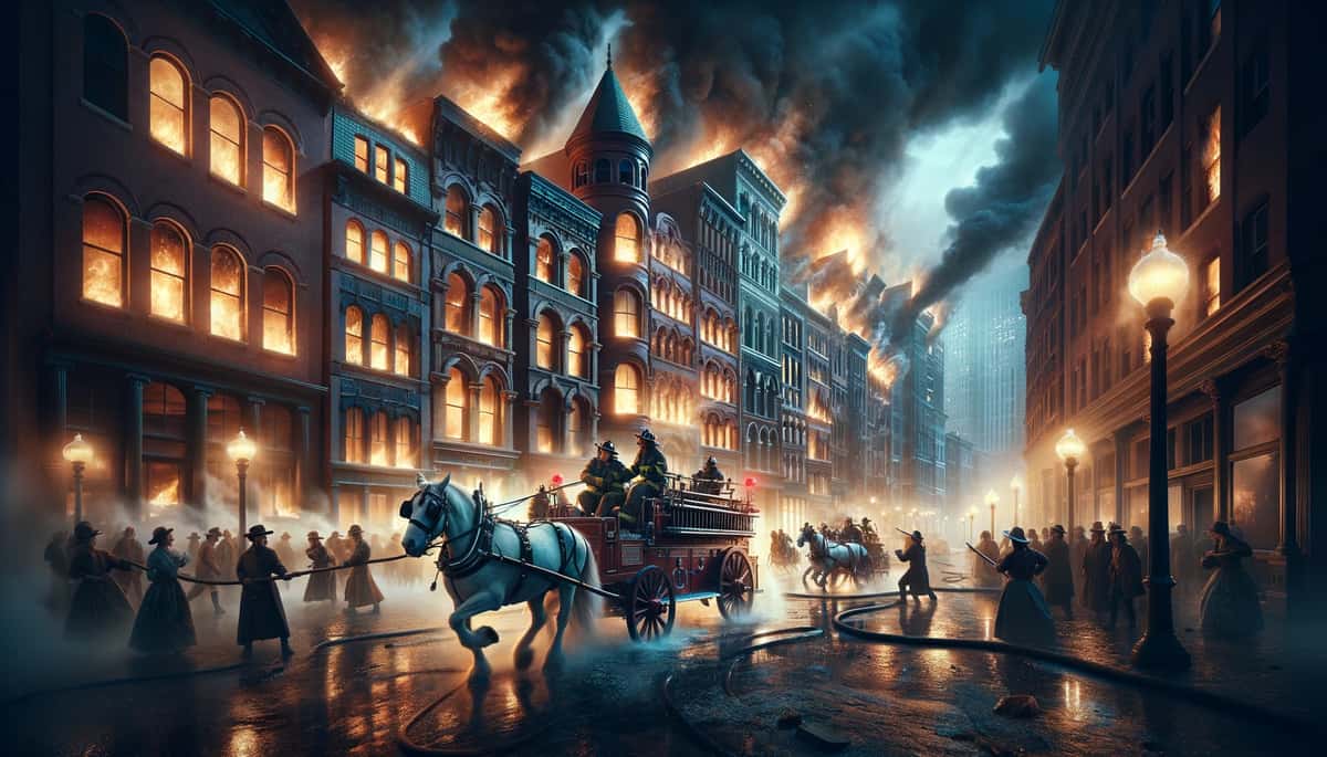 The scene of firefighters trying to put out the great Boston Fire