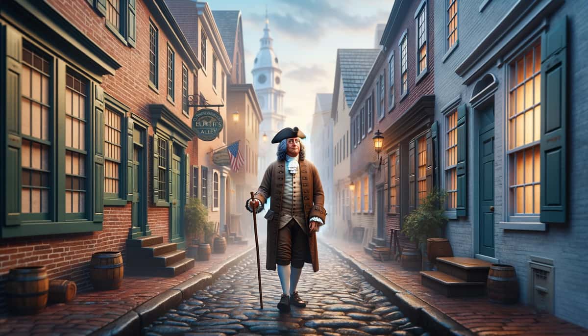 Benjamin Franklin, going for a stroll in Elfreth's Alley