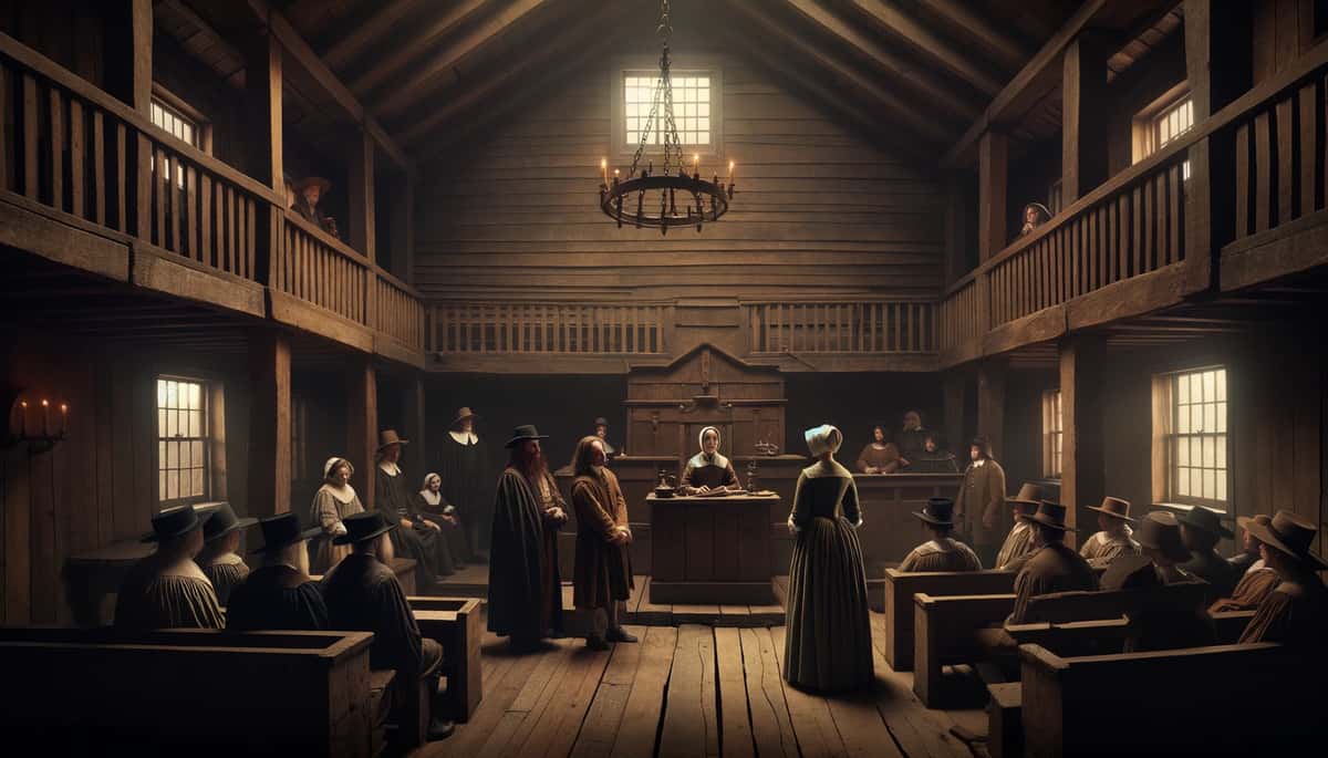 A rendition of the courtroom scene during the Witch Trials