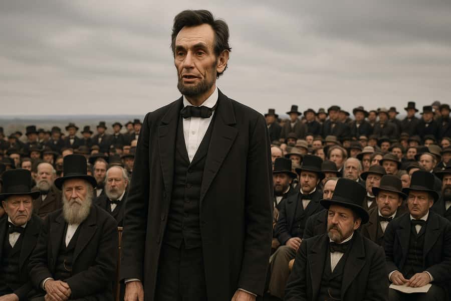 An illustration of Abraham Lincoln taking the stage to give the Gettysburg Address in the National Cemetery
