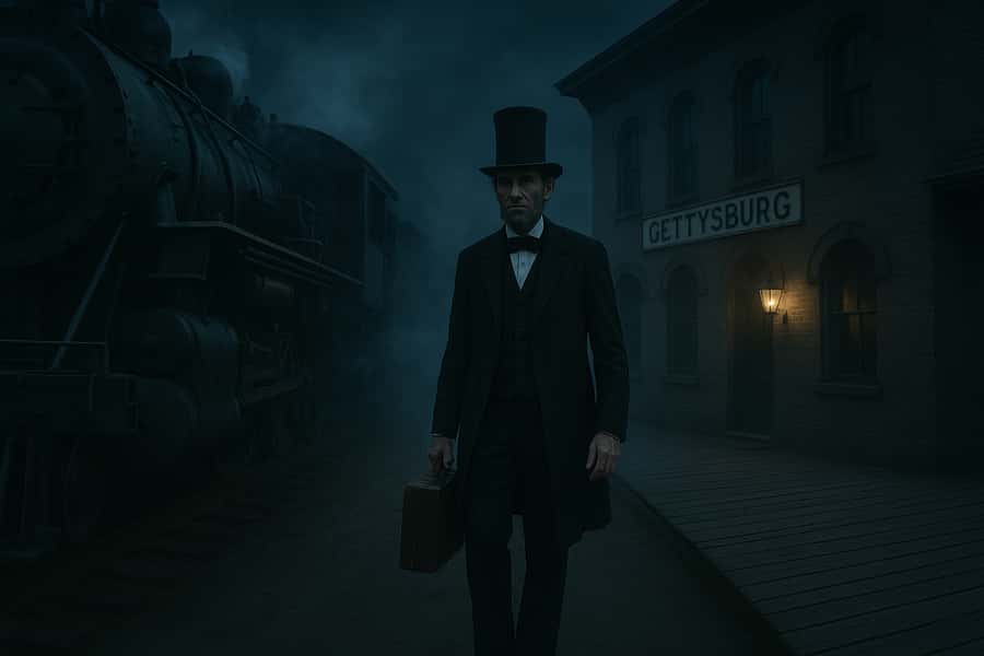 An illustration of Abraham Lincoln arriving at the Train Station to give the Gettysburg Address