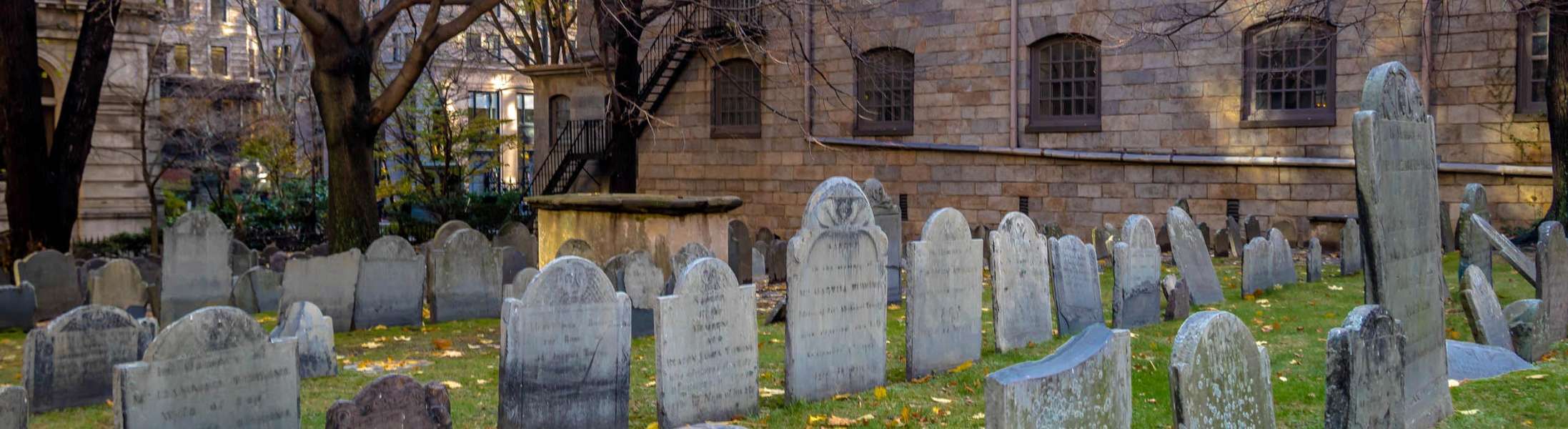 The haunted King's Chapel Burying Grounds, one of the stops on our Boston Ghost Tours