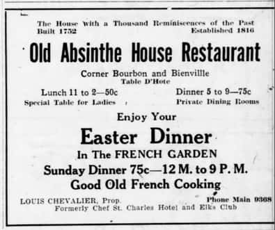 A newspaper clipping from the Old Absinthe House Restaurant in New Orleans, Louisiana.