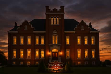 The Federal Pointe Inn at sunset, which is when the ghosts of children are seen at this hotel.