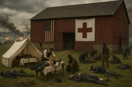 A scene of a Field Hospital in the Battle of Gettysburg.