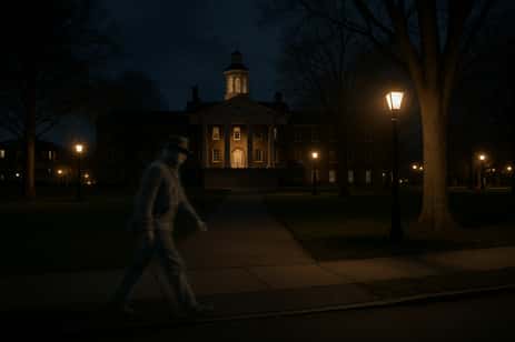 A scene portarying the Ghosts of a Civil War soldier walking through Gettysburg College.