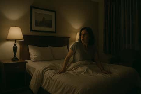 The Gettysburg Hotel, with a woman in bed being awaken by the sounds of a Ghost in her Hotel Room.