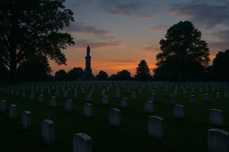 The sun setting over Gettysburg National Cemetery