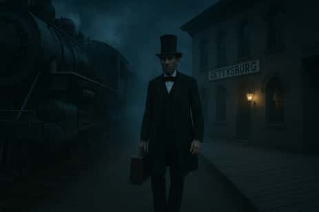 An illustration of Abraham Lincoln getting off of the train at this haunted hotspot