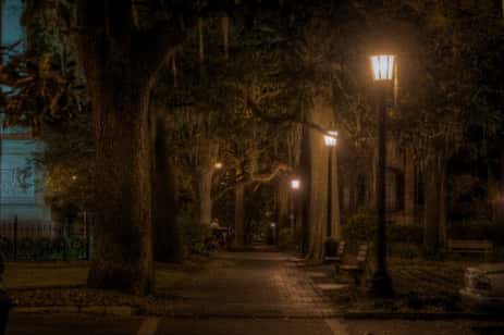 A photograph from the haunted Monterey Square, located in Savannah Georgia