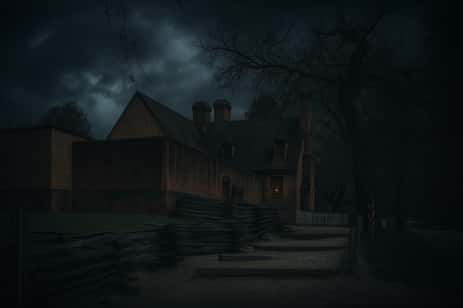 The Williamsburg Gaol at dusk.