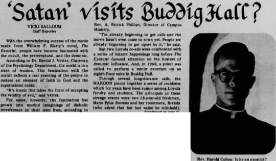 A newspaper clip from 1968 about the exorcism that took place at Buddig Hall, on Loyola University New Orleans' campus.