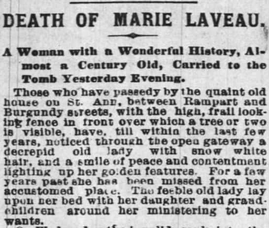 A copy of Marie Laveau, the Voodoo Queen's, obituary from the Times Picayune Newspaper