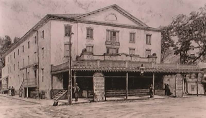 A historic photo of Old Savannah Theatre in Savannah, Georgia, which is said to be haunted by ghosts.