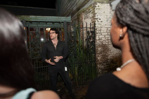 One of our Tour Guides, Skippy, leading a walking ghost tour in Savannah Georgia