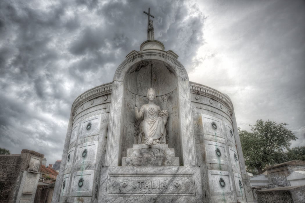 A photo of the Italian Benevolent Tomb in St. Louis Cemetery No 1, New Orleans, Louisiana.