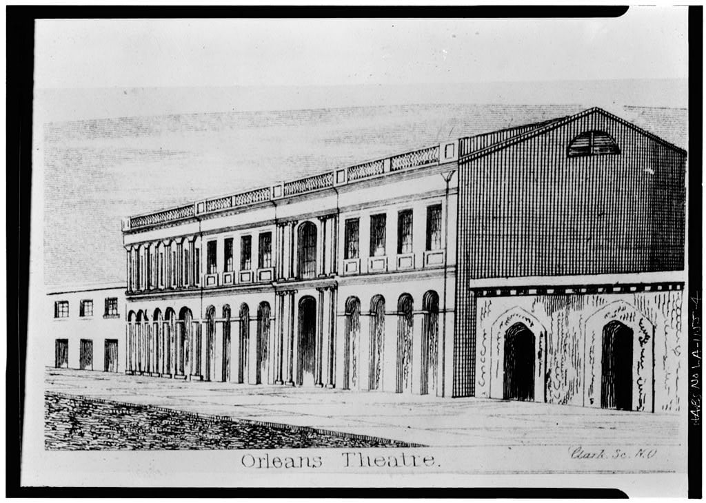 A clipping of a historic drawing of the Orleans Theatre, now the Bourbon Orleans Hotel.