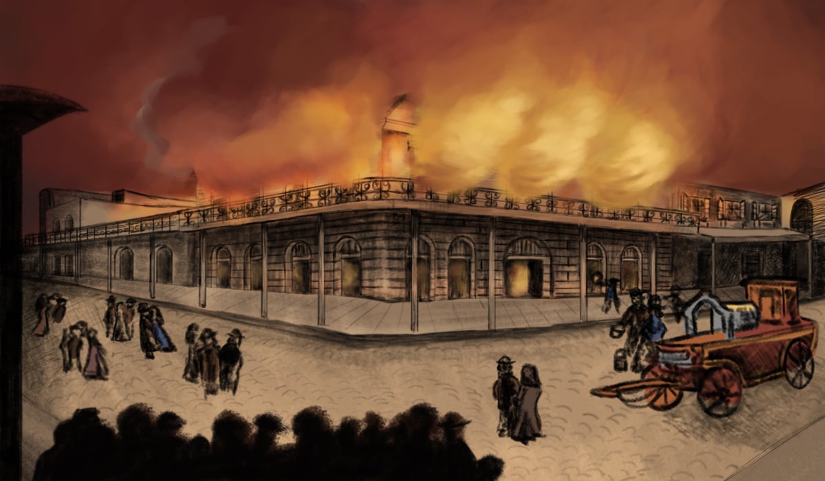Una ilustración del incendio en la mansión LaLaurie