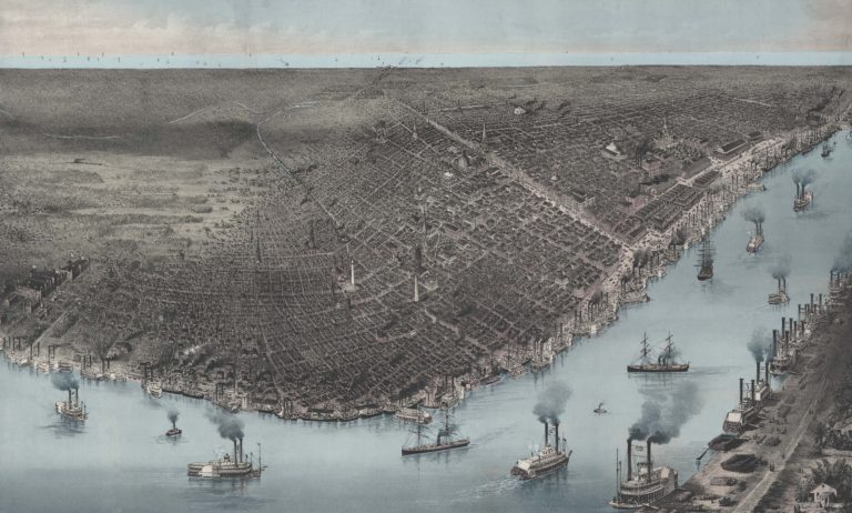A photo of the New Orleans port in 1885, titled 'Blue Water.'