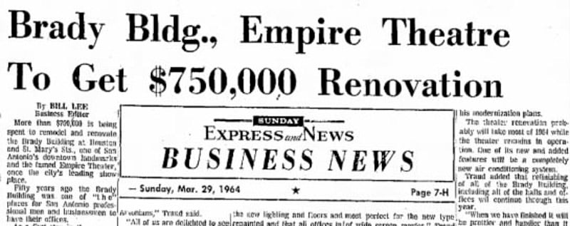 A newspaper clipping from San Antonio's Express and News about the 750,000 dollar renovation of the Empire Theatre in 1964.