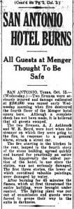 A newspaper clipping from the Houston Post about the Fire of 1924 at the Menger Hotel, located in San Antonio Texas