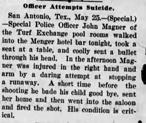 A clip from the Austin Weekly Stateman about a suicide at the Menger Hotel Bar.