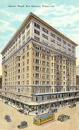 A historic postcard of the Gunter Hotel, which is located in San Antonio Texas