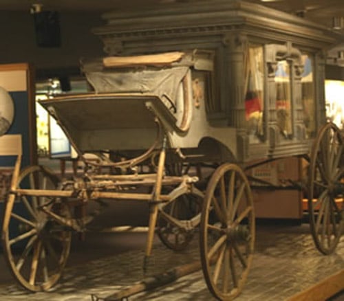 A photo of the haunted Castroville Hearse, which is located in the Institute of Texan Cultures, in San Antonio, Texas.
