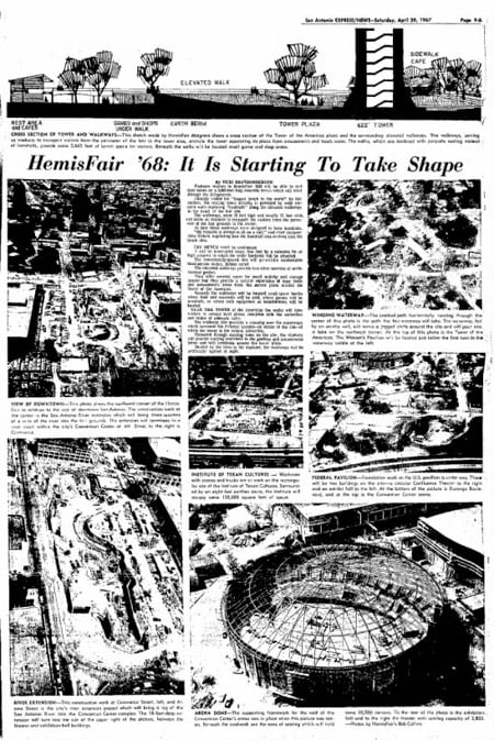 Article dated to 1967 about the construction of the Institute of Texan Cultures, among other buildings, for the HemisFair in San Antonio Texas