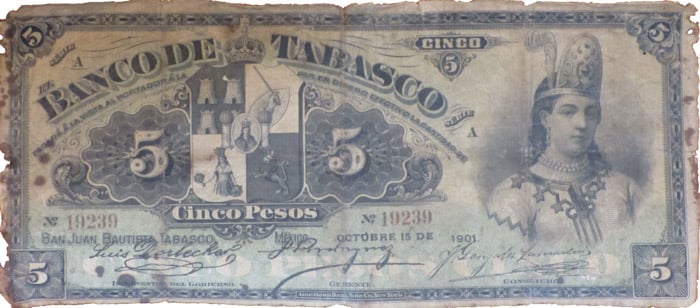 Un billete de 1901 de Tabasco, México, que tiene la figura histórica La Malinche en él