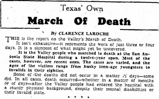 Un antiguo relato de un periódico que detalla los trágicos asuntos de la "Marcha de la Muerte" en el Hospital Estatal de San Antonio, ubicado en San Antonio Texas