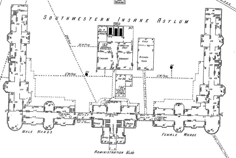 A sketch of the original layout of the San Antonio State Hospital, which is located in San Antonio Texas.