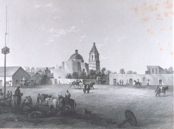 Un bosquejo histórico de la plaza principal y la antigua iglesia de San Fernando, que se encuentra en San Antonio, Texas